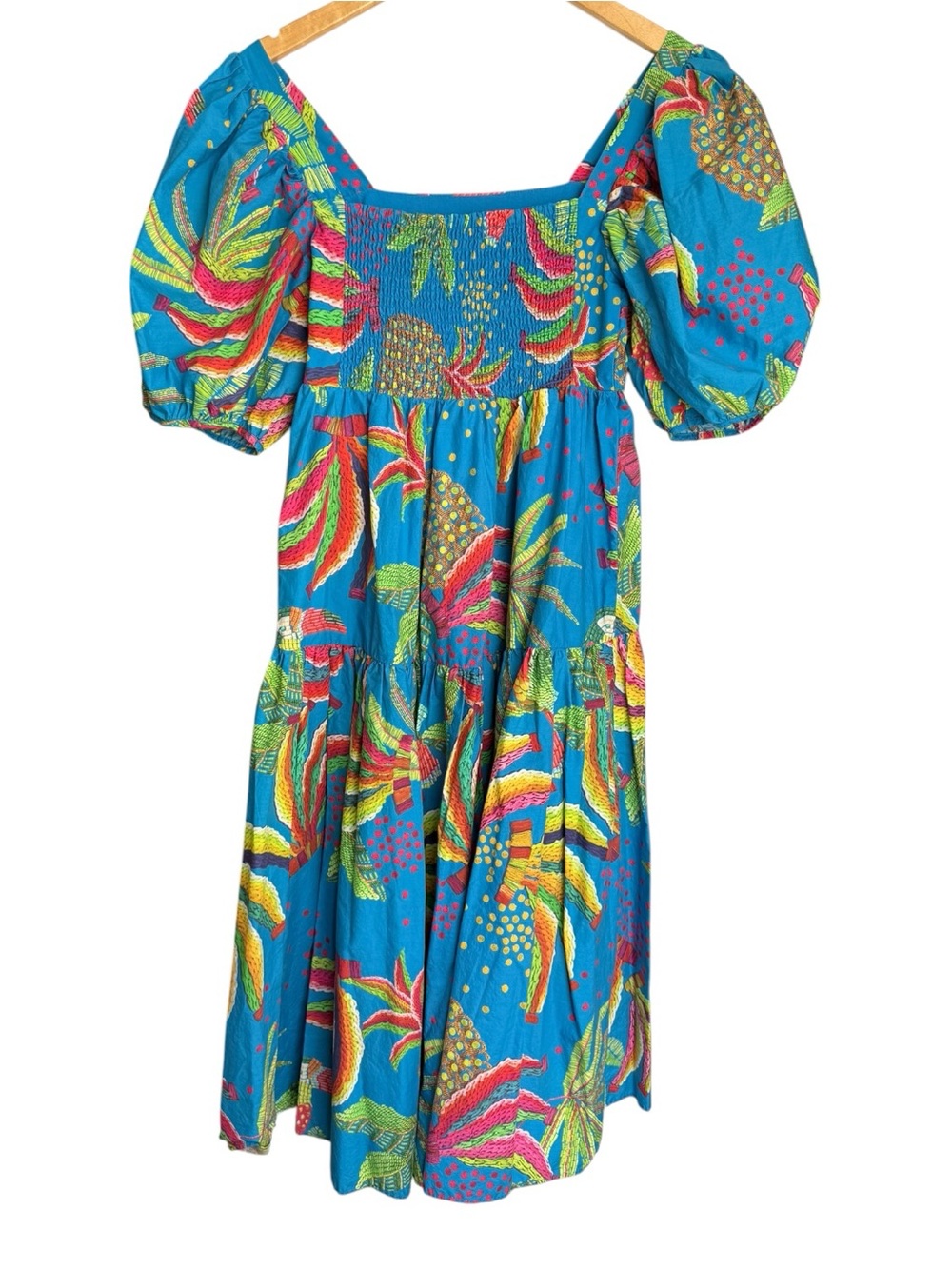 Farm Rio Tropics Tiered Midi Dress Size XS Blue Banana Print Puff Sleeve Cotton - Picture 6 of 15